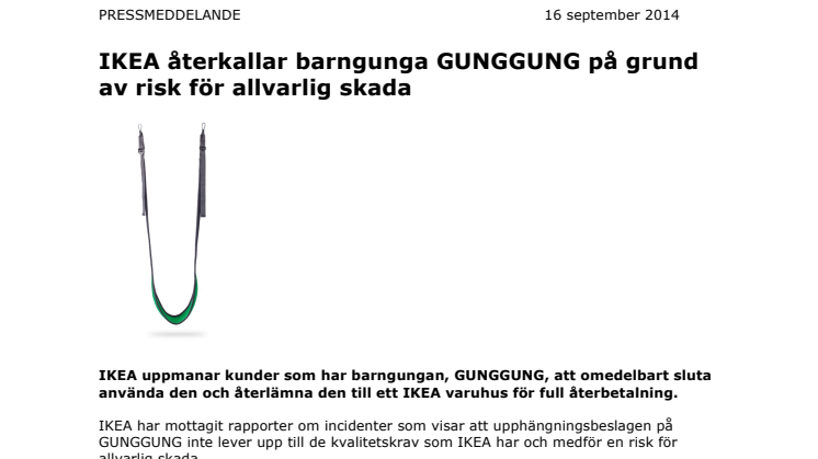 IKEA återkallar barngunga GUNGGUNG på grund av risk för allvarlig skada
