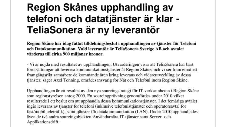Region Skånes upphandling av telefoni och datatjänster är klar - TeliaSonera är ny leverantör