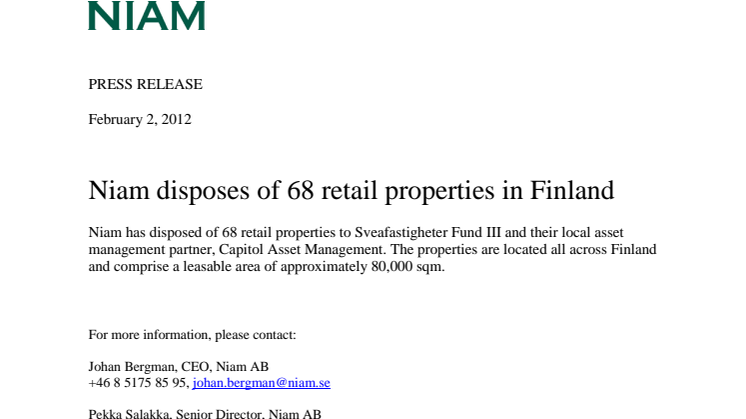 Niam disposes of 68 retail properties in Finland