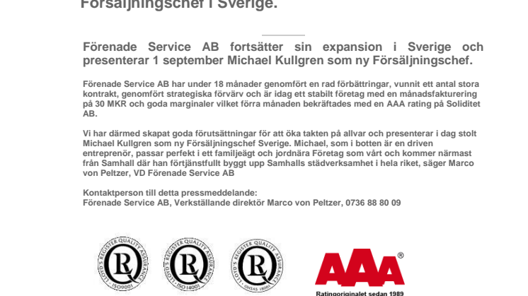 Förenade Service AB - Rekryterar ny försäljningschef Sverige
