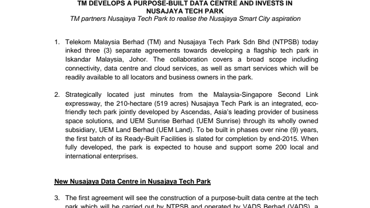 TM Develops a Purpose-Built Data Centre and Invests in Nusajaya Tech Park