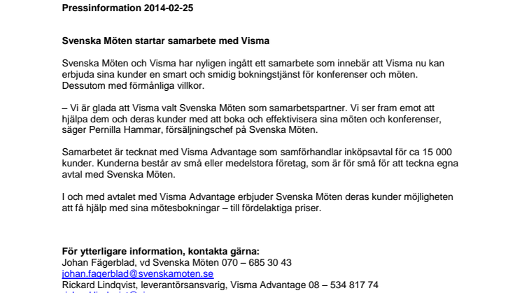 Svenska Möten startar samarbete med Visma
