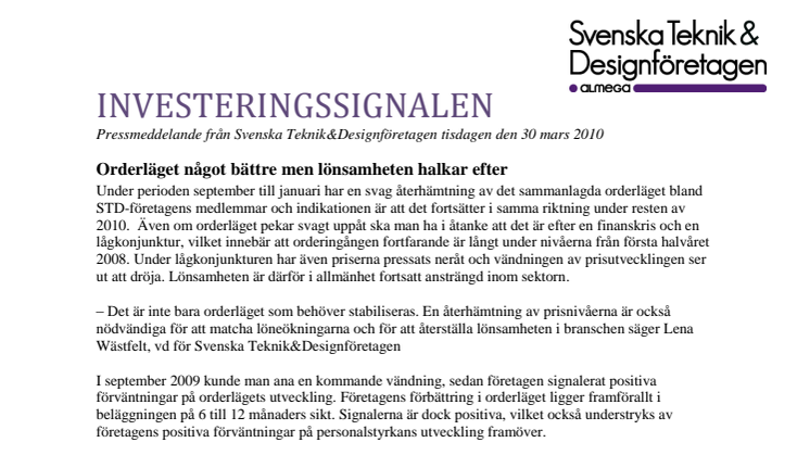 Investeringssignalen mars 2010 från Svenska Teknik&Designföretagen