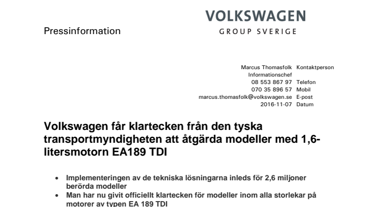 Volkswagen får klartecken från den tyska transportmyndigheten att åtgärda modeller med 1,6-litersmotorn EA189 TDI
