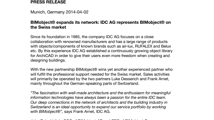 IDC AG represents BIMobject® on the Swiss market