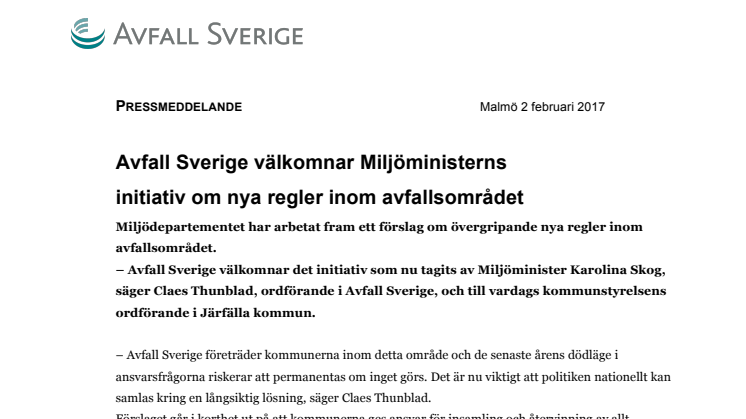 Avfall Sverige välkomnar miljöministerns  initiativ om nya regler inom avfallsområdet