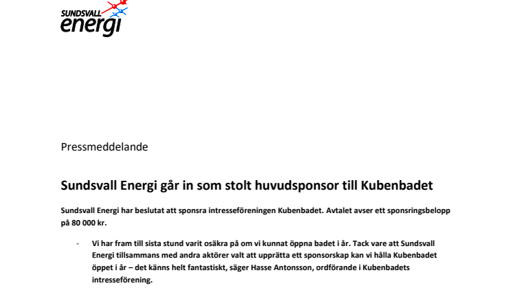 Sundsvall Energi går in som stolt huvudsponsor till Kubenbadet