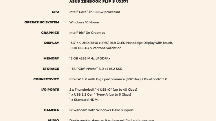 ZenBook Flip S (UX371) Specifikationer