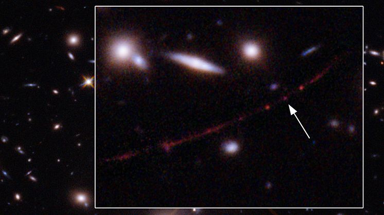 Stjärnan Earendel som syns som en svag fläck levde bara några miljoner år innan den exploderade i en kraftfull supernova. Foto: SCIENCE: NASA, ESA, Brian Welch (JHU), Dan Coe (STScI) IMAGE PROCESSING: NASA, ESA, Alyssa Pagan (STScI)