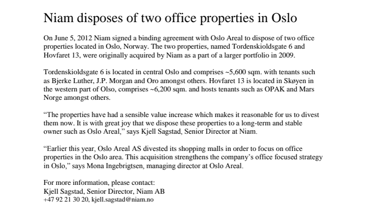 Niam disposes of two office properties in Oslo