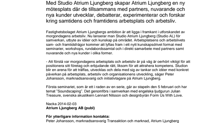 Atrium Ljungberg lanserar sin studio - en ny arena för arbetsliv