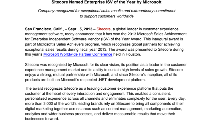 Sitecore Named Enterprise ISV of the Year by Microsoft