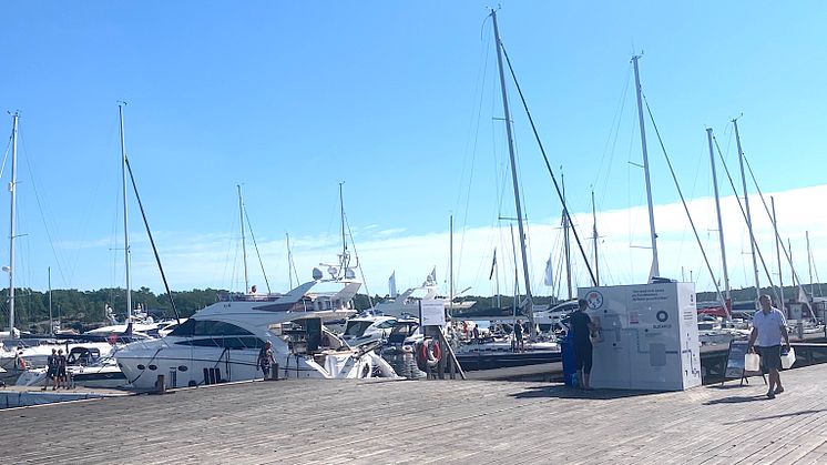 Water harvesting Bluewater dockside water station dispenses purified water to visiting yachties for drinking or cooking to visiting yachts at Sandhamn in the Baltic Sea