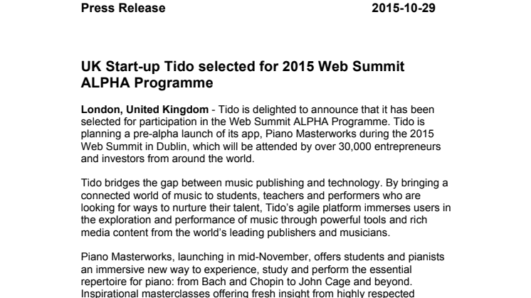 UK Startup Tido selected for 2015 Web Summit ALPHA Programme