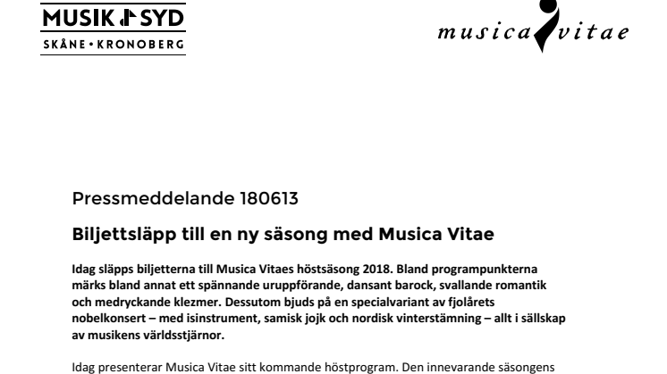 Biljettsläpp till en ny säsong med Musica Vitae