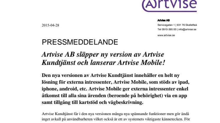 Artvise AB släpper ny version av Artvise Kundtjänst och lanserar Artvise Mobile!