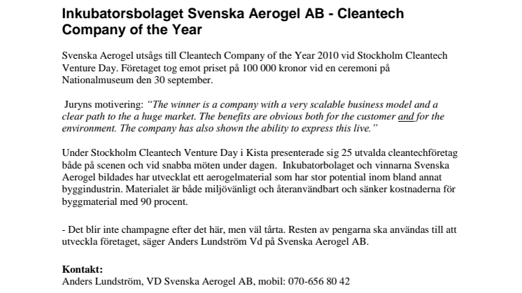 Inkubatorbolaget Svenska Aerogel AB- Cleantech Company of the year