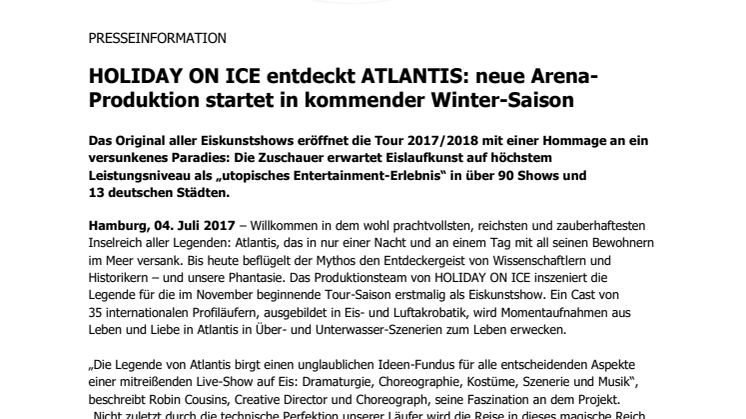 HOLIDAY ON ICE entdeckt ATLANTIS: neue Arena-Produktion startet in kommender Winter-Saison