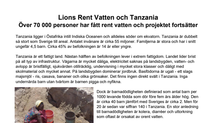 Lions Sverige bidrar med rent vatten i Tanzania -  70 000 personer har fått ökad livskvalité och projektet fortsätter