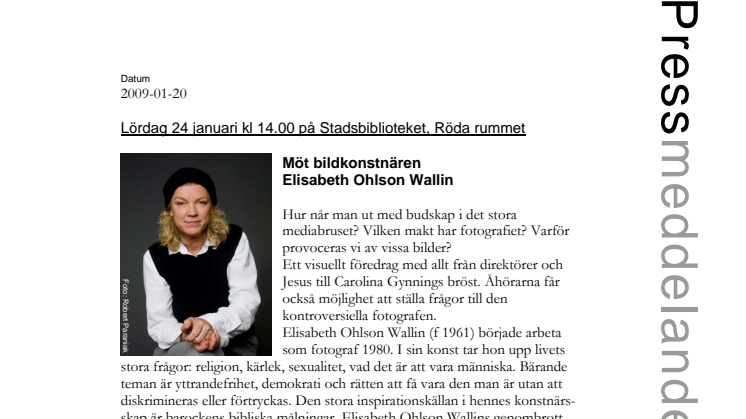 Möt bildkonstnären Elisabeth Ohlson Wallin på Stadsbiblioteket i Malmö 24 jan