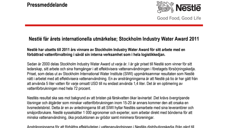 Nestlé får internationell utmärkelse; Stockholm Industry Water Award 2011