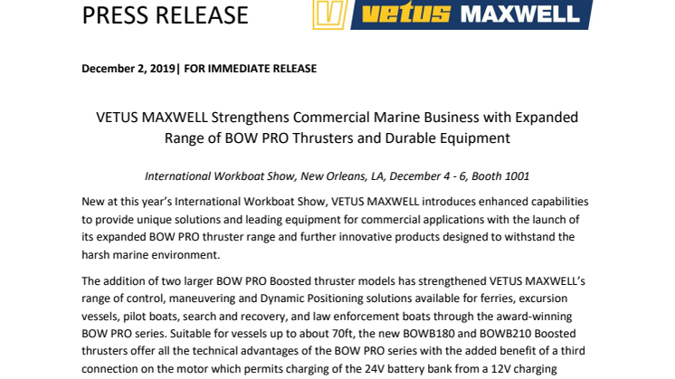 International Workboat Show: VETUS MAXWELL Strengthens Commercial Marine Business with Expanded Range of BOW PRO Thrusters and Durable Equipment