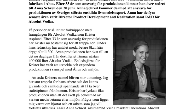 Anna Schreil ny produktionsdirektör för Absolut Vodka i Åhus