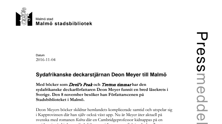 Sydafrikanske deckarstjärnan Deon Meyer till Malmö