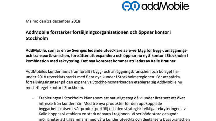 AddMobile förstärker försäljningsorganisationen och öppnar kontor i Stockholm