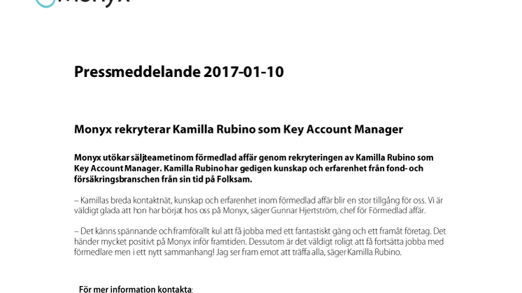 Monyx rekryterar Kamilla Rubino som Key Account Manager