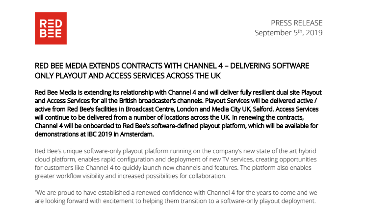 Red Bee Media Extends Contracts with Channel 4 – Delivering Software Only Playout and Access Services Across the UK