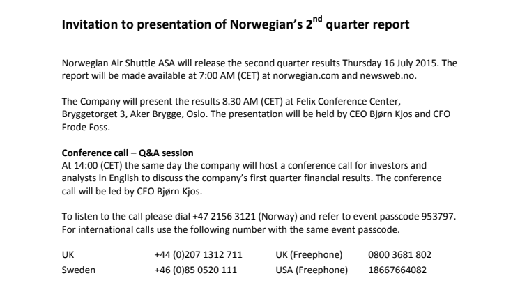 Invitation to presentation of Norwegian’s 2nd quarter report