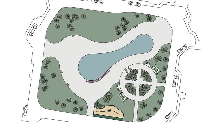 Skissen visar hur grönområdet och dammen vid Pålsjö östra kommer att renoveras. Arbetet startar i maj och planeras vara klart i september. Illustration: WSP.