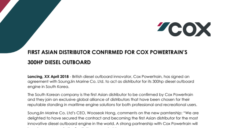Cox Powertrain: First Asian Distributor Confirmed for Cox Powertrain's 300HP Diesel Outboard