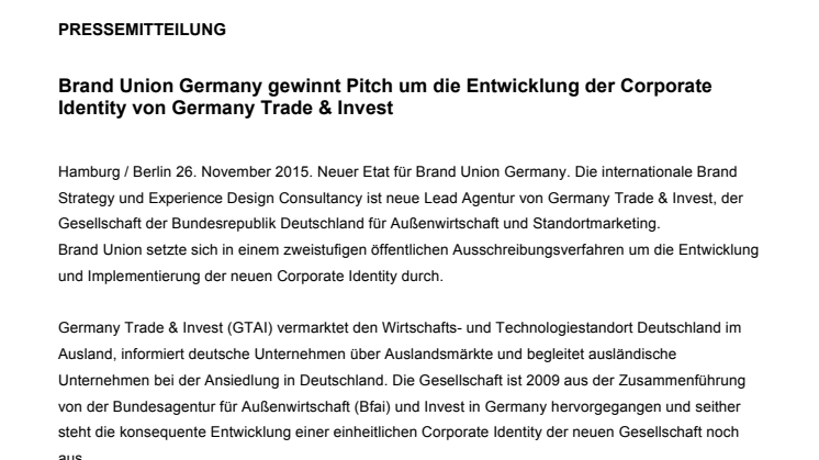 Brand Union Germany gewinnt Pitch um die Entwicklung der Corporate Identity von Germany Trade & Invest 
