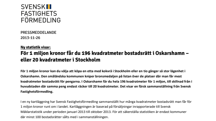 Ny statistik visar: För 1 miljon kronor får du 196 kvadratmeter bostadsrätt i Oskarshamn – eller 20 kvadratmeter i Stockholm