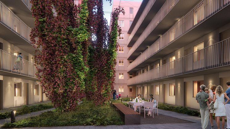 Husen i kvarteret Lysosomen i Hagastaden kommer att få vertikala rabatter. Illustration: Arkitema Architects.