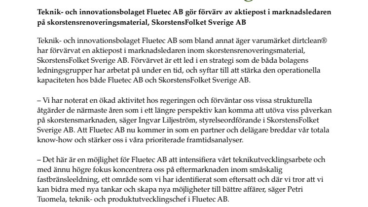 Fluetec AB förvärvar aktiepost i SkorstensFolket Sverige AB