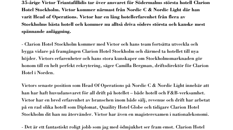Victor Triantafillidis ny hotelldirektör på Clarion Hotel Stockholm