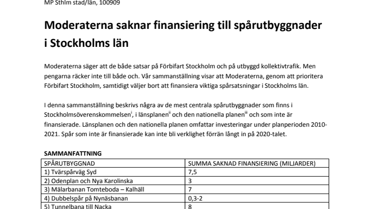 Moderaterna saknar 30 miljarder till spårutbyggnader i Stockholm 