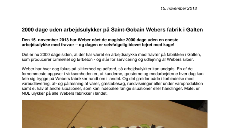 2000 dage uden arbejdsulykker på Saint-Gobain Webers fabrik i Galten