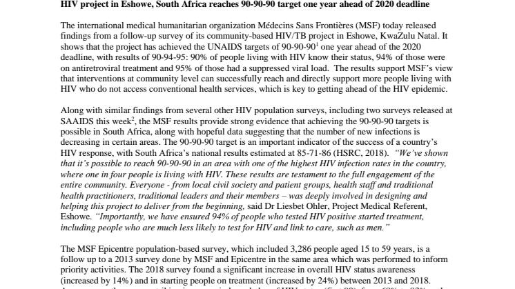 Hivprojekt i Sydafrika uppnår 90-90-90-målet ett år före utsatt tid
