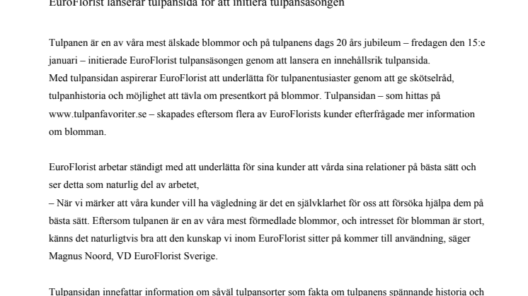 EuroFlorist lanserar tulpansida för att initiera tulpansäsongen