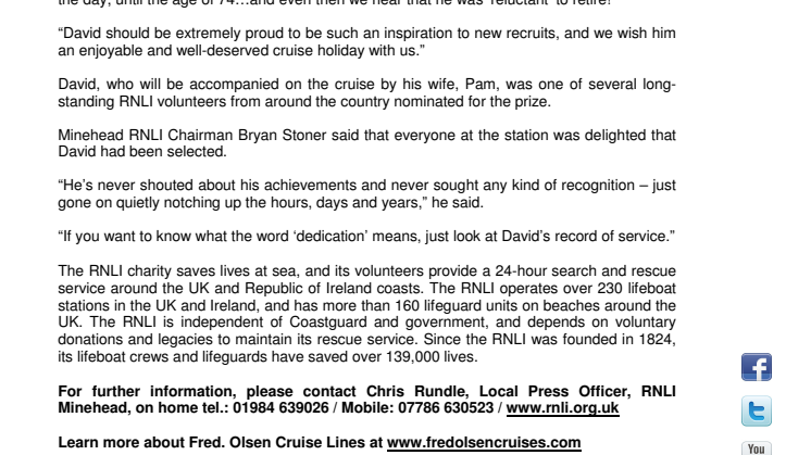 Fred. Olsen Cruise Lines recognises RNLI’s ‘Unsung Station Hero’ with sunshine cruise holiday prize