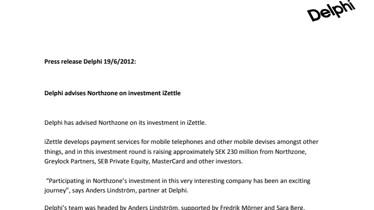 Delphi advises Northzone on investment iZettle