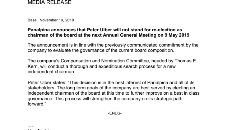 Panalpina announces that Peter Ulber will not stand for re-election as chairman of the board at the next Annual General Meeting on 9 May 2019