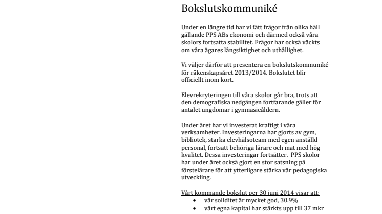 Bokslutskommuniké PPS AB 2013-2014