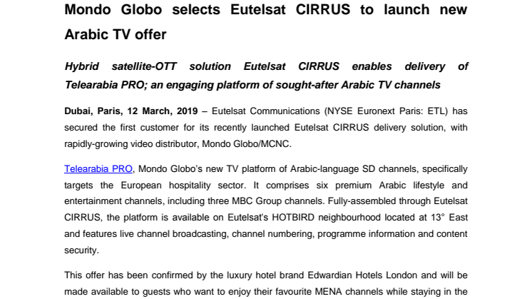 ​Mondo Globo selects Eutelsat CIRRUS to launch new Arabic TV offer 