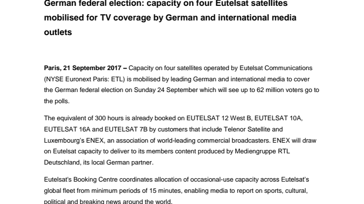 ​​German federal election: capacity on four Eutelsat satellites mobilised for TV coverage by German and international media outlets