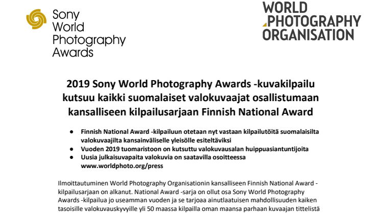 ​2019 Sony World Photography Awards -kuvakilpailu kutsuu kaikki suomalaiset valokuvaajat osallistumaan kansalliseen kilpailusarjaan Finnish National Award